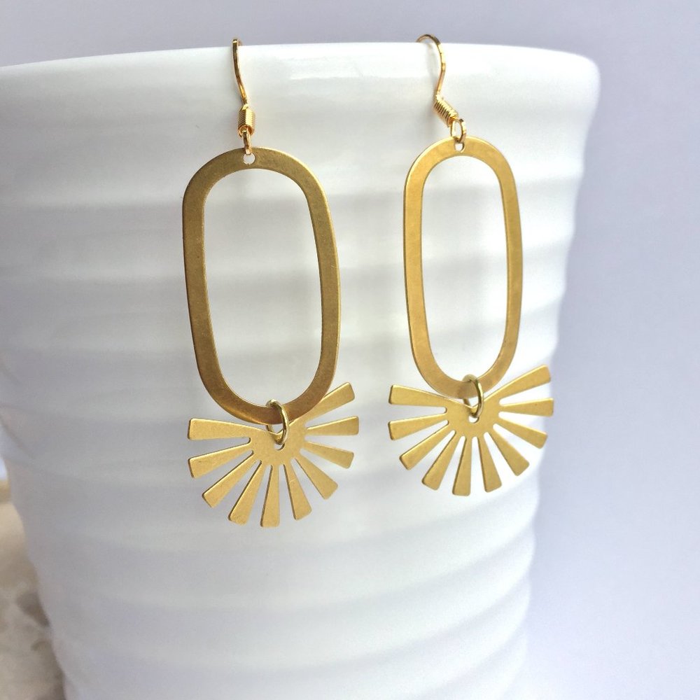 Oval hoop & Sun ray dangle Brass Earrings
